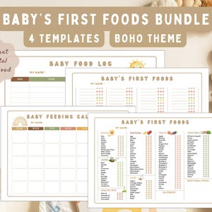Puede incluir: Un paquete de cuatro plantillas imprimibles para rastrear los primeros alimentos de un bebé, con un tema boho. Incluye un registro de alimentos para bebés, un calendario de alimentación y dos tablas para rastrear alimentos. El diseño presenta colores suaves y un sol y un arcoíris.