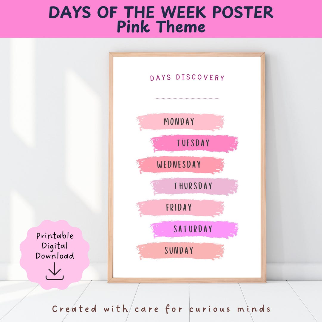 Days of the Week Educational Posters Pink Theme, Wall Art for Toddlers ...