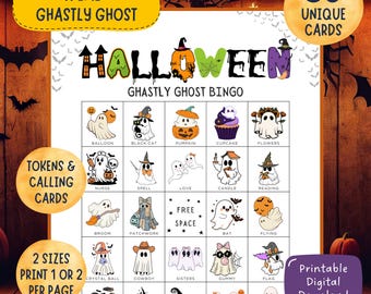 May include: A Halloween-themed bingo game with the text "GHASTLY GHOST BINGO". The game features 50 unique cards and includes illustrations of ghosts, pumpkins, and other spooky elements. The words "TOKENS & CALLING CARDS" and "2 SIZES PRINT 1 OR 2 PER PAGE" are also visible.