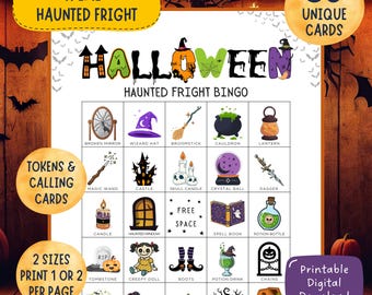 May include: A Halloween-themed bingo game with the text "Haunted Fright Bingo." The game board features various spooky illustrations, including a witch hat, cauldron, and creepy doll. The text "50 Unique Cards" is displayed. The game is a printable digital download.