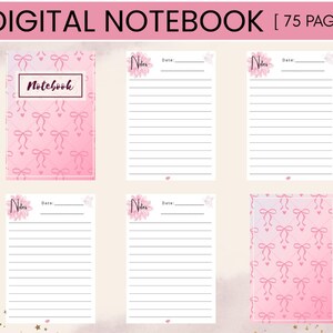 May include: A digital notebook with a pink bow pattern on the cover and a gradient background. The notebook includes lined pages for notes and the text "DIGITAL NOTEBOOK [75 PAGES]" at the top.
