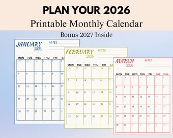 2026 Calendar Printable, Monthly Calendar, Monthly Planner, 2026 Wall Calendar, US Letter 8.5×11, 2027 Bonus Calendar