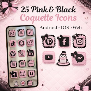 Pink Black Coquette 3D Social Media Icons, girly phone icon, Social Media widget, Desktop icons, App icons, iphone icons, instant download