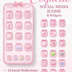 Könnte beinhalten: Rosa digitaler Telefonbildschirm und Social-Media-Symbole mit dem Wort "Coquette" oben. Die Symbole umfassen Facebook, Instagram und andere Social-Media-Apps. Das Bild enthält auch 12 Widgets und 2 Hintergrundbilder.