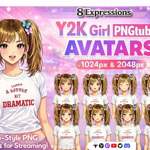 May include: Digital art of a Y2K girl PNGtuber avatar with eight expressions. The girl has brown hair with butterfly hair clips and wears a white t-shirt with the text "Lotta A Little Bit Dramatic". The image includes the text "1024px & 2048px".