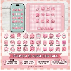 Könnte beinhalten: Ein digitales Icon-Paket mit 40 rosa 3D-App-Icons im Vichy-Karo-Muster, dargestellt auf einem Smartphone- und Tablet-Bildschirm. Die Icons zeigen verschiedene Social-Media- und Service-Logos. Text: Premium 3D Nurse Icon Pack.