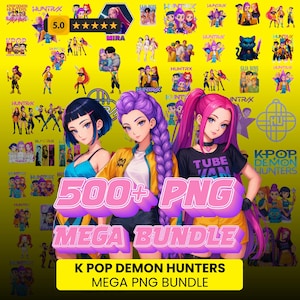 May include: A digital art graphic featuring three anime-style women with blue, purple, and pink hair. The image is a mega bundle of 500+ PNG files, with the text "K POP DEMON HUNTERS MEGA PNG BUNDLE" in a yellow and pink design.