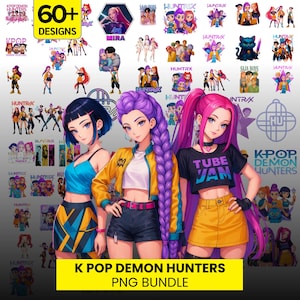 Puede incluir: Ilustración digital de tres mujeres de estilo anime con colores de cabello vibrantes: azul, morado y rosa. Llevan atuendos elegantes. La imagen incluye varios diseños de personajes y el texto "K POP DEMON HUNTERS PNG BUNDLE" y "60+ DESIGNS".