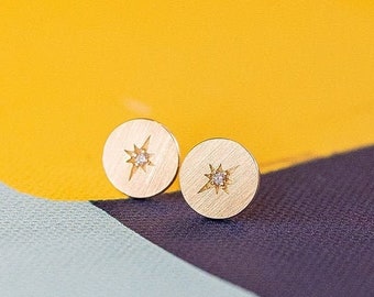 14k Gold Diamond Starburst Disk Earring, Round Stud Earrings