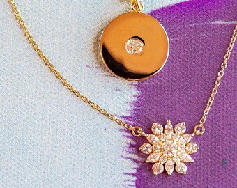 14k Gold Diamond Vintage Inspired Pendant Necklace, Gold Diamond Flower Necklace