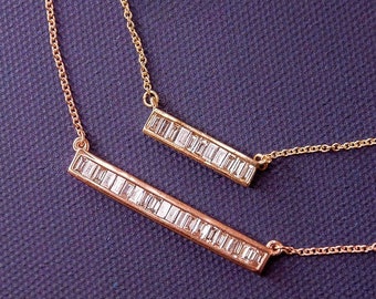 Diamond Bar Necklace, Dainty Diamond Rectangle Necklace, 14k Gold Diamond Baguette Bar Necklace 1/2 carat,