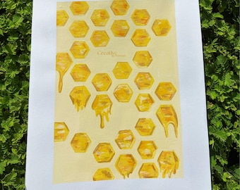 Original Waben Gemälde Druck || Lebendige Gelbtöne || Goldene Glanzpunkte