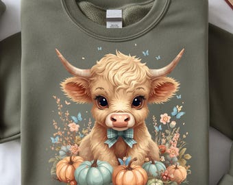 Fall Baby Highland Cow PNG, Autumn Cow Sublimation Design (Digital Download)
