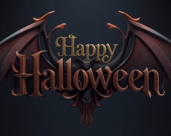 Impresión tipográfica de alas de murciélago de Feliz Halloween: Letrero otoñal en naranja ámbar y dorado (Descarga digital)
