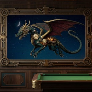 May include: A framed wall art piece featuring a mechanical dragon with clockwork gears and wings against a dark blue starry sky, displayed in a room with wood paneling, a brown leather armchair, and a green felt pool table with copper pipes.
