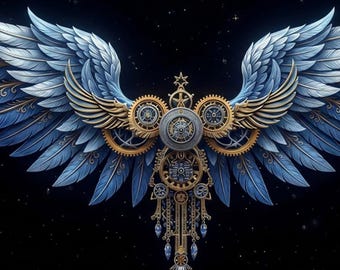 Decoración de pared con alas de ángel mecánicas / Lámina celestial steampunk en oro zafiro (descarga instantánea)