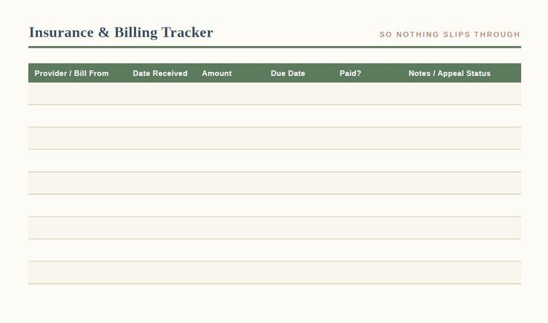 Printable insurance and billing tracker page with columns for provider, amount, due date, payment status, and appeal notes, from a caregiver organizer binder.