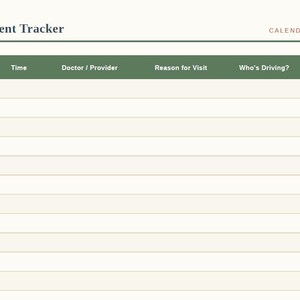 Printable appointment tracker page for tracking doctor visits, including columns for date, time, provider, reason for visit, and follow-up needed.