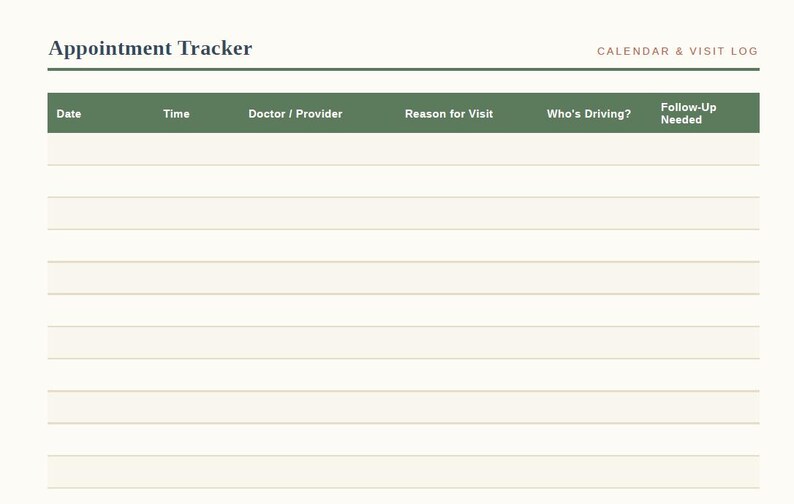 Printable appointment tracker page for tracking doctor visits, including columns for date, time, provider, reason for visit, and follow-up needed.