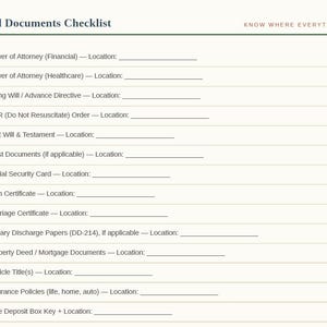 Printable legal documents checklist page with checkboxes and location fields for power of attorney, living will, DNR, and other essential caregiving documents.