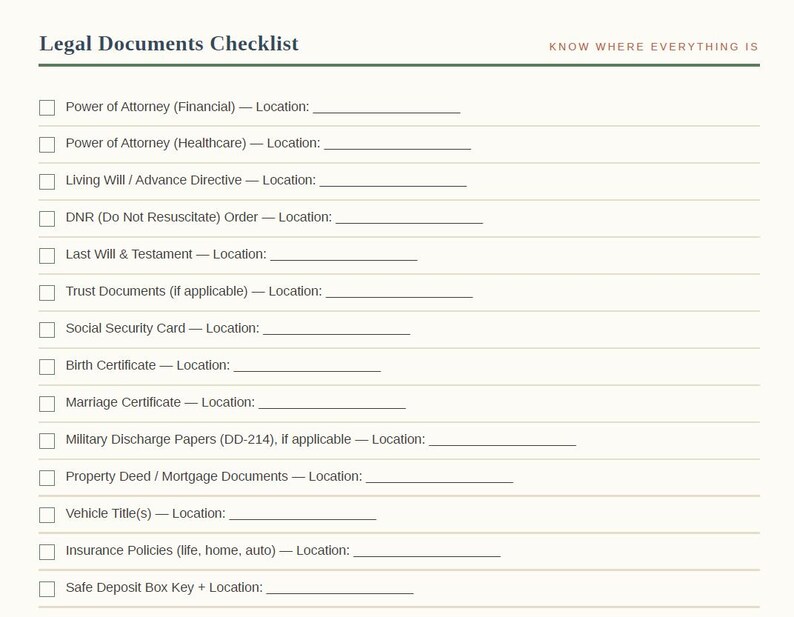 Printable legal documents checklist page with checkboxes and location fields for power of attorney, living will, DNR, and other essential caregiving documents.