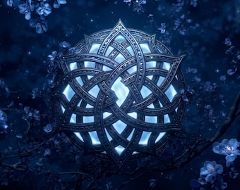 Lámina con diseño de esfera celta en azul medianoche con nudos celestiales para pared (descarga digital)