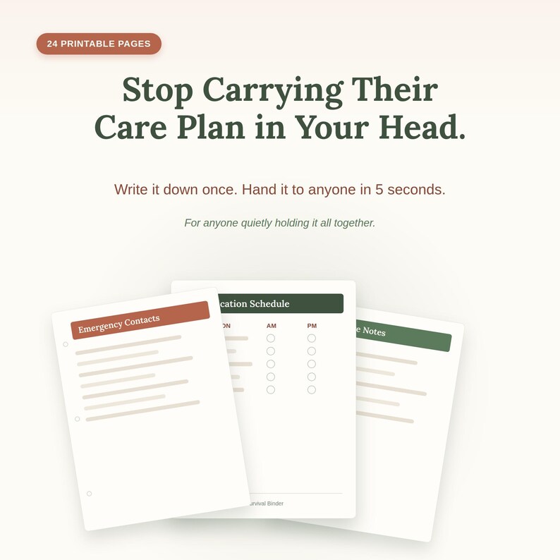 Puede incluir: Un conjunto de 24 p&aacute;ginas imprimibles con el texto Stop Carrying Their Care Plan in Your Head. Write it down once. Hand it to anyone in 5 seconds. For anyone quietly holding it all together. Incluye formularios para Emergency Contacts y Medication Schedule.