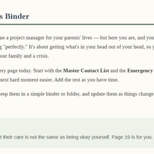 Introduction page from the Sandwich Generation Survival Binder explaining how to use the caregiver planner, with a highlighted note about self-care on page 19.