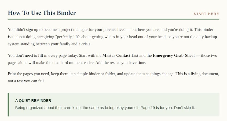 Introduction page from the Sandwich Generation Survival Binder explaining how to use the caregiver planner, with a highlighted note about self-care on page 19.