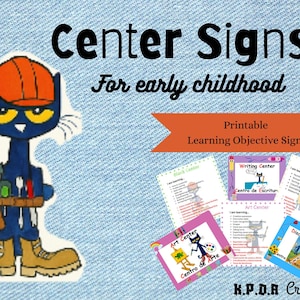 Peut inclure: Enseignes d'objectifs d'apprentissage imprimables pour la petite enfance. L'image présente un personnage de chat bleu avec un casque orange et une ceinture à outils. Les enseignes incluent "Centre d'écriture", "Centre d'art", "Centre de mathématiques" et "Centre de découverte".