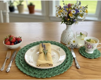 Cotton Crochet Handmade Placemat: Spring Green Fluted Edge | Homeware 100% Cotton | Cottage Core Design