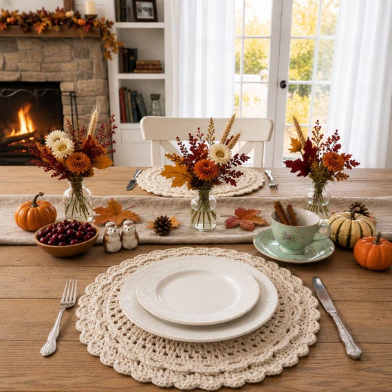 Handmade Crochet Cotton Placemat Set | Boho Farmhouse Table Decor | Rustic Kitchen Homeware
