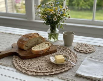 Cotton Crochet Handmade Placemat and Coaster: Fluted Edge Design | Cottage Homeware | Elegant Table Decor