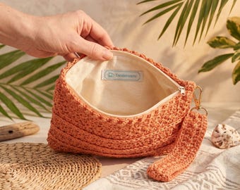 Crocheted Cotton Wristlet Pouch | Boho Lined Zipper Clutch, Small Organizer Bag