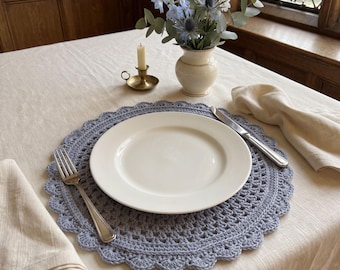 Hand Crocheted Cotton Lace Placemat, English Manor Style, Scalloped Edge (15" Diameter)