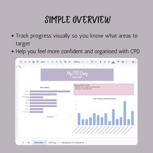 May include: A digital document titled "My CPD Diary 2024-2026" is displayed on a screen. The document includes charts and graphs for tracking progress and upcoming CPD events. The text "SIMPLE OVERVIEW" is at the top.