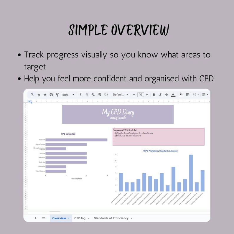 May include: A digital document titled "My CPD Diary 2024-2026" is displayed on a screen. The document includes charts and graphs for tracking progress and upcoming CPD events. The text "SIMPLE OVERVIEW" is at the top.