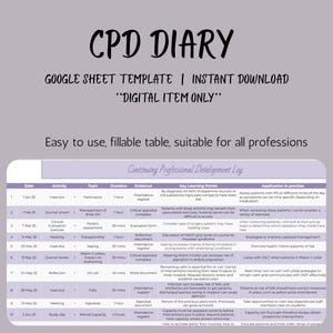 Peut inclure: Un modèle numérique de journal de formation continue (CPD) au format Google Sheets, téléchargeable instantanément. Le document est un tableau à remplir pour le développement professionnel.