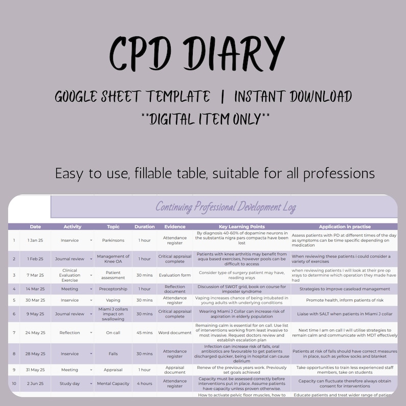 May include: A digital CPD diary template in a Google Sheet format, available for instant download. The document features a fillable table for professional development, with sections for date, activity, topic, duration, and key learning points.