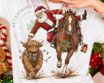 Western Christmas PNG, Cowboy Santa Horse PNG, Highland Cow Christmas, Christmas Rodeo Shirt Design, Vintage Western PNG