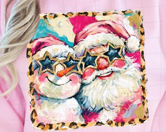 Preppy Brushstroke Santa Claus and Snowman Png, Colorful Leopard Glitter Christmas png, Merry Christmas Png, Girly Christmas Png