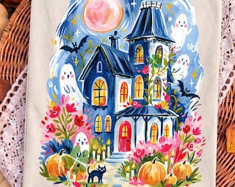 Trendy Haunted House Png, Brushstroke Halloween Sublimation Design, Girly Spooky Season Shirt Design, Trendy Floral Fall Png