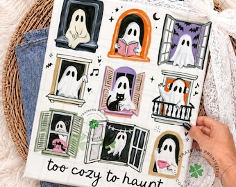 Too Cozy to Haunt Ghost PNG,Halloween Window Scene PNG, Spooky Season Png, Cute Ghost in Windows Png, Trendy Halloween Png