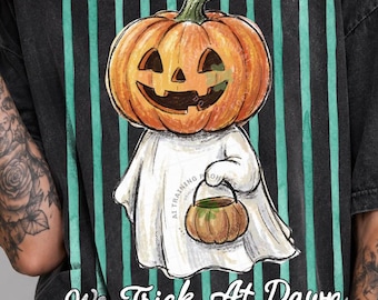 We Trick At Dawn PNG, Pumpkin Ghost PNG, Cute Halloween PNG, Retro Fall Sublimation Design, Spooky Season Digital Download