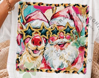 Preppy Brushstroke Santa Claus and Reindeer Png, Colorful Leopard Glitter Christmas png, Believe In The Magic Png, Girly Christmas Png