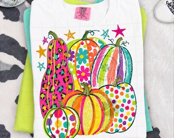Preppy Pumpkin PNG, Colorful Fall Pumpkin Design, Hand Drawn Halloween Pumpkins, Leopard Floral Autumn PNG