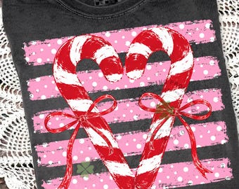 Striped Candy Cane Heart PNG, Coquette Bow Christmas PNG, Retro Girly Candy Cane, Preppy Christmas Sublimation Design