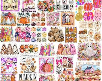 Colorful Preppy Fall PNG Bundle, Cozy Autumn & Halloween Sublimation Designs, Pumpkin Ghost Thanksgiving Shirt Graphics