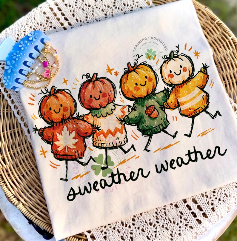 Może przedstawiać: Biały t-shirt z grafiką przedstawiającą cztery uśmiechnięte dynie, z kt&oacute;rych każda ma na sobie sweter w innym kolorze. Poniżej znajduje się napis "sweater weather" wykonany czarną kursywą oraz małe motywy liści i żołędzi.