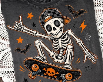 Boy Skeleton Halloween PNG, Retro Skate Skeleton Shirt Design, Boys Spooky Season Sublimation, Kids Skeleton Skateboard Download